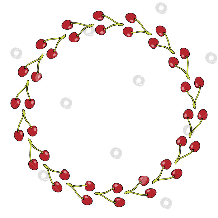 Скачать Круглая рамка с простыми вишнями на белом фоне. Векторное изображение. фотосток Ozero