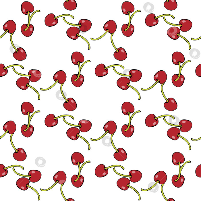 Скачать Бесшовный узор с простыми вишнями на белом фоне для ткани, текстиля, одежды, скатерти и других вещей. Векторное изображение. фотосток Ozero