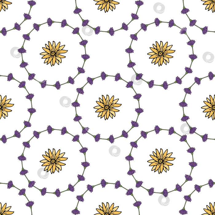 Скачать Бесшовный узор с креативными желтыми и фиолетовыми цветами на белом фоне. Векторное изображение. фотосток Ozero