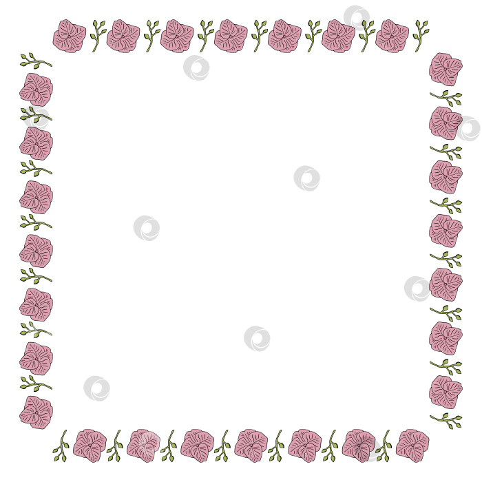 Скачать Квадратная рамка с нежно-розовыми цветами и зелеными ветками на белом фоне. Векторное изображение. фотосток Ozero