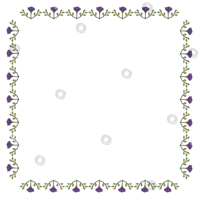Скачать Квадратная рамка с летними фиолетовыми цветами и зелеными декоративными элементами на белом фоне. Векторное изображение. фотосток Ozero