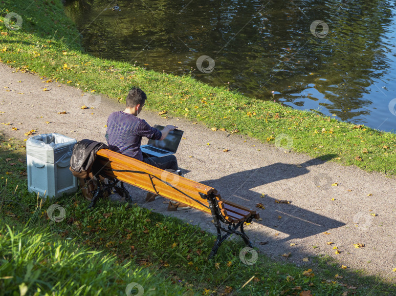 Скачать Бизнесмен с ноутбуком работает, откинувшись на спинку скамейки в осеннем парке фотосток Ozero