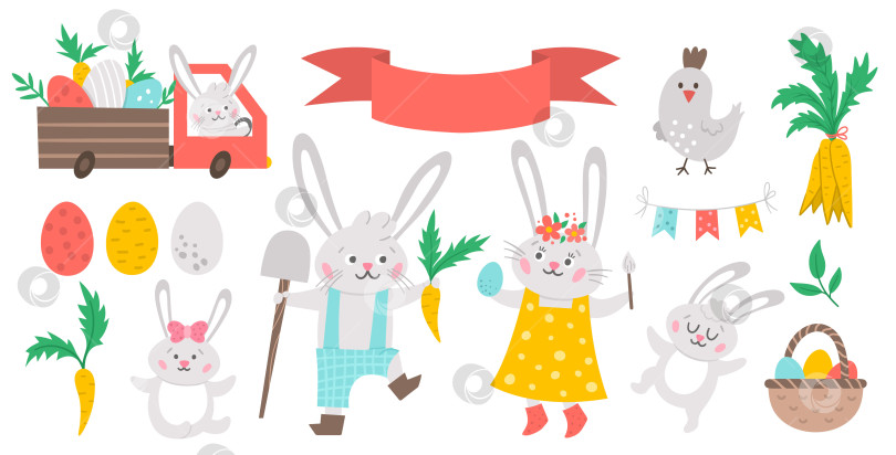 Скачать Векторный семейный набор пасхальных кроликов. Мать, отец, дочь и сын кролика с весенними элементами, изолированными на белом фоне. Набор симпатичных значков животных для детей. Забавный грузовик с яйцами и морковью. фотосток Ozero