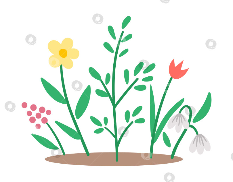 Скачать Векторный значок весенней клумбы. Иллюстрация первых цветущих растений. Цветочный клип-арт. Симпатичная плоская детская кроватка с подснежником и тюльпаном, выделенными на белом фоне. фотосток Ozero