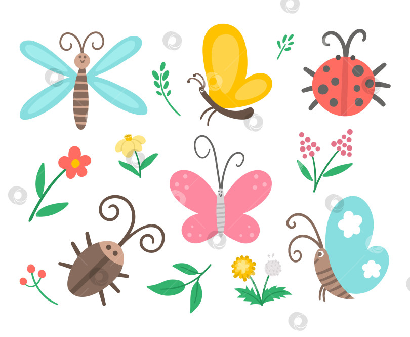 Скачать Набор векторных иконок плоского насекомого и первого цветка. Забавная коллекция весеннего сада. Симпатичная иллюстрация божьей коровки, бабочки, жука, одуванчика для детей, изолированная на белом фоне. Набор жуков и растений фотосток Ozero
