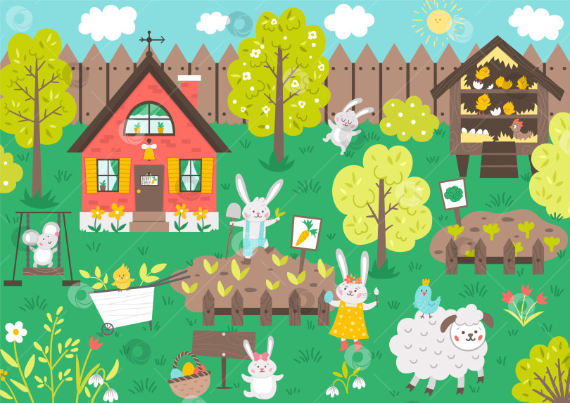 Скачать Векторная сцена в саду с милыми животными. Весенний пейзаж с забавным кроликом, коттеджем, овечкой, мышкой, цыплятами в саду. Симпатичная пасхальная иллюстрация с домиком кроличьей семьи, забором и цветами. фотосток Ozero