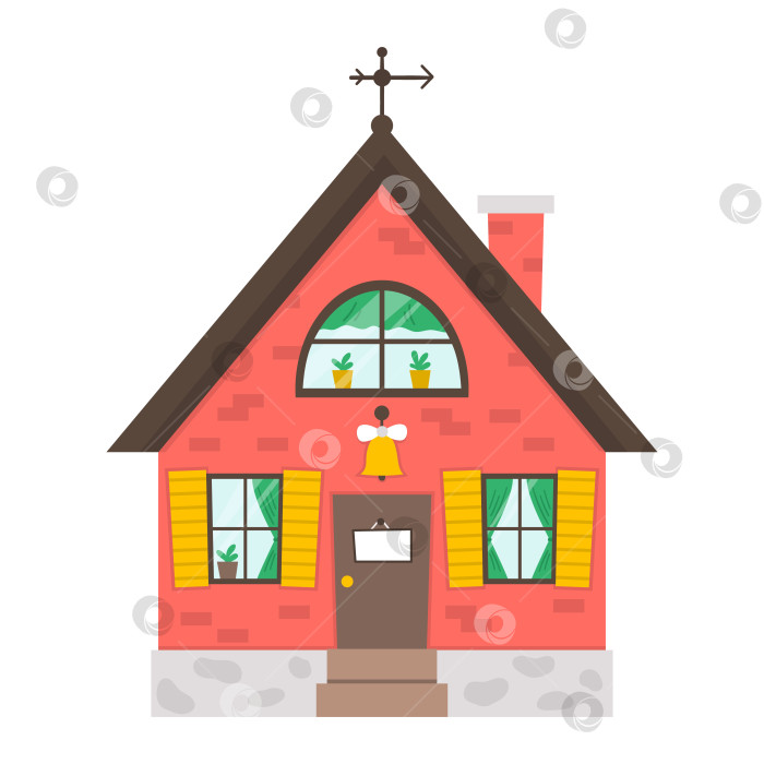 Скачать Векторный значок загородного дома, изолированный на белом фоне. Иллюстрация плоского фермерского коттеджа. Симпатичный дом из красного кирпича с дверным звонком, табличкой, окнами, занавесками. Изображение сельского элемента фотосток Ozero