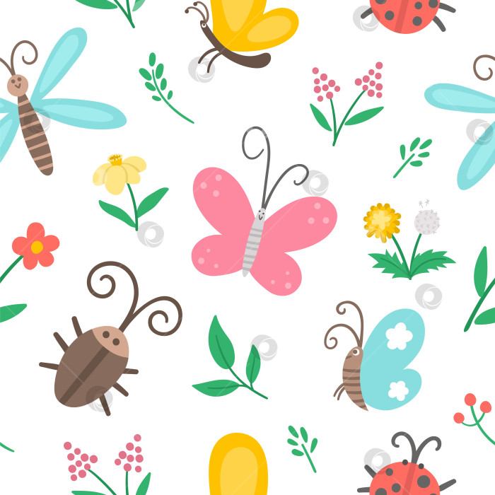 Скачать Векторный плоский бесшовный узор из насекомых и первого цветка. Забавный весенний сад, повторяющий фон. Симпатичная божья коровка, бабочка, жук, одуванчик из цифровой бумаги для детей. Текстура насекомых и растений фотосток Ozero