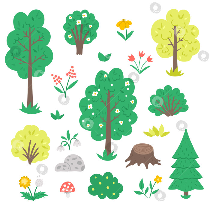 Скачать Векторный набор с садовыми или лесными деревьями, растениями, кустарниками, зарослями, цветами, изолированными на белом фоне. Иллюстрация плоского весеннего леса или фермы. Коллекция иконок естественной зелени фотосток Ozero
