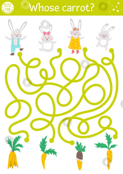 Скачать Пасхальный лабиринт для детей с семейством кроликов и морковкой. Праздничное дошкольное образовательное мероприятие для печати с кроликами и овощами. Забавная игра в весеннем саду или головоломка с милыми животными. фотосток Ozero