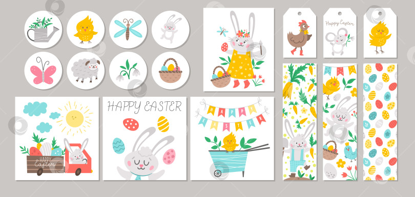 Скачать Симпатичный набор открыток весенней распродажи с кроликом, крашеными яйцами, цветами, птицами. Векторные квадратные, круглые, горизонтальные, вертикальные шаблоны печати. Пасхальные праздничные дизайны для бирок, открыток, распродаж, скрапбукинга. фотосток Ozero