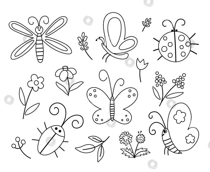 Скачать Набор векторных черно-белых иконок насекомых и первого цветка. Забавная коллекция набросков весеннего сада. Милая иллюстрация божьей коровки, бабочки, жука, одуванчика для детей. Раскраска "Жуки и растения" фотосток Ozero