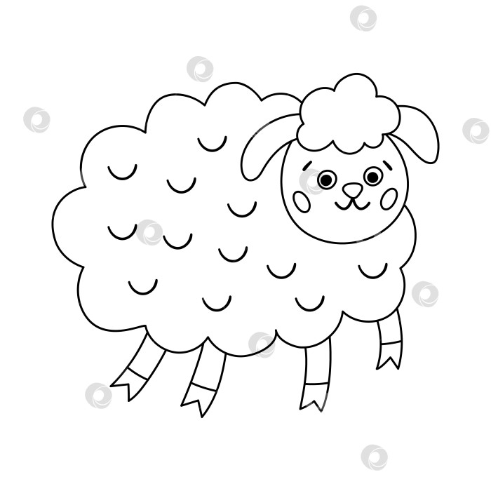 Скачать Векторный черно-белый значок овцы. Обведите контуром милое улыбающееся сельскохозяйственное животное, изолированное на белом фоне. Очаровательная иллюстрация овцы для детей. Забавный весенний персонаж или раскраска. фотосток Ozero