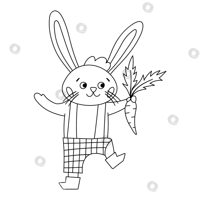 Скачать Векторный черно-белый значок пасхального кролика. Контур мальчика-кролика с лопатой и морковкой, выделенный на белом фоне. Симпатичная иллюстрация садовника-животного для детей. Картинка весеннего зайца или раскраска. фотосток Ozero