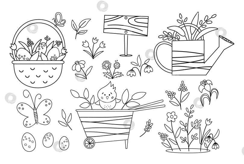 Скачать Векторный симпатичный черно-белый набор иконок для сада и Пасхи. Раскраска для тачки, лейки, яиц, первых цветов и растений. Набросайте иллюстрацию весеннего садового инструмента для детей. фотосток Ozero