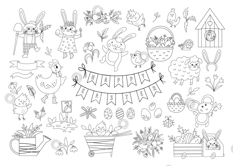 Скачать Большая черно-белая коллекция элементов дизайна для Пасхи. Набор векторных контуров с милым кроликом, яйцами, птицей, цыплятами, корзинками. Весенняя забавная иллюстрация или раскраска. Очаровательные праздничные иконки фотосток Ozero