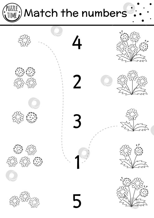 Скачать Пасхальная черно-белая комбинационная игра с весенними цветами. Праздничное математическое занятие для детей дошкольного возраста с одуванчиками. Распечатываемый рабочий лист для подсчета или раскраска для детей фотосток Ozero
