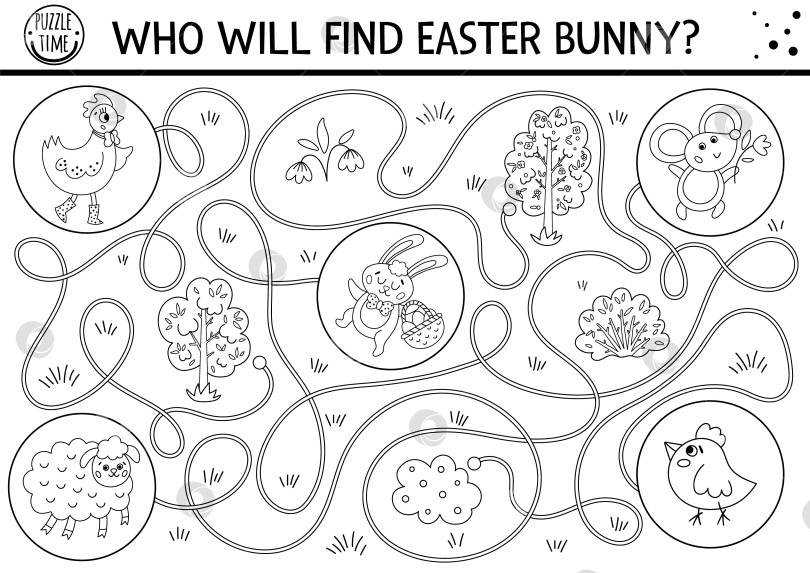 Скачать Пасхальный черно-белый лабиринт для детей. Праздничное дошкольное образовательное мероприятие для печати. Нарисуйте игру "Весенний сад" или раскраску с милыми животными. Кто найдет пасхального кролика? фотосток Ozero