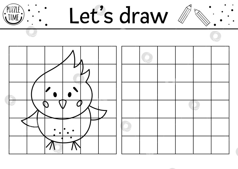 Скачать Завершите картинку с курицей. Рабочий лист для практики векторного пасхального рисования. Весеннее черно-белое занятие для детей дошкольного возраста с возможностью печати. Игра на тему фермы "Скопируй картинку" для детей фотосток Ozero