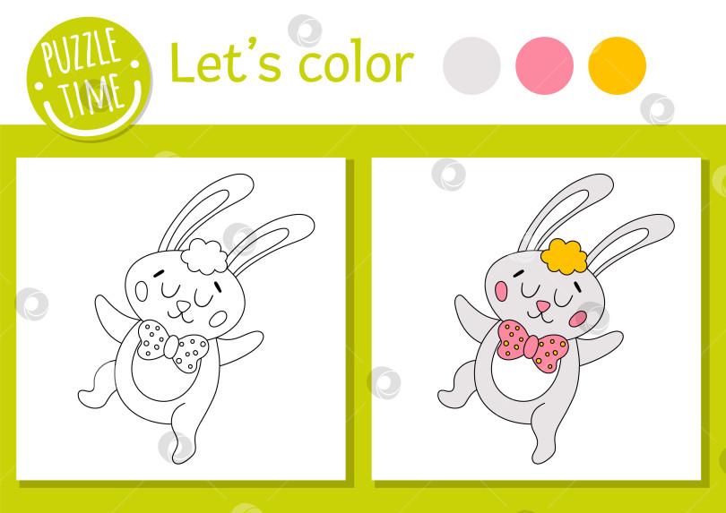 Скачать Пасхальная раскраска для детей. Забавный кролик с бантом. Векторная праздничная контурная иллюстрация с милым традиционным животным. Очаровательная весенняя раскраска для детей с цветным примером фотосток Ozero