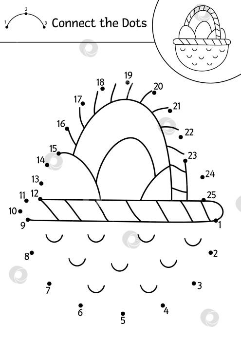 Скачать Векторная пасхальная игра от точки к точке и раскрашивание с милой корзинкой с яйцами. Весенний праздник - игра "соедини точки" для детей с традиционным символом. Забавная очаровательная раскраска для детей. фотосток Ozero