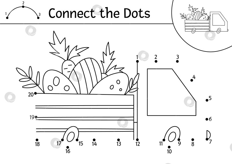 Скачать Векторная пасхальная игра "точка в точку" и раскрашивание с милой машинкой с яйцами и морковью. Весенний праздник - игра "соедини точки" для детей с традиционным символом. Забавная очаровательная раскраска для детей. фотосток Ozero