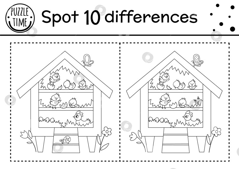 Скачать Пасхальная игра "Найди отличия" для детей. Праздничное черно-белое образовательное мероприятие и раскраска с забавным насестом с курицей и цыплятами. Рабочий лист для печати "Весенний сад" с милыми персонажами. фотосток Ozero