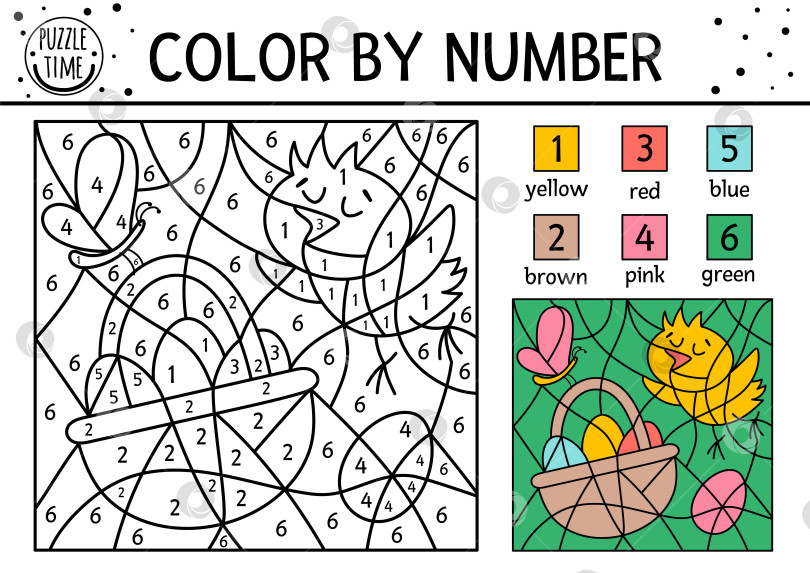 Скачать Векторная пасхальная раскраска по номерам с цыпленком, корзинкой, бабочкой, яйцами. Весенняя праздничная игра-раскраска и подсчет голосов с милой птичкой. Забавная раскраска для детей с традиционными символами. фотосток Ozero