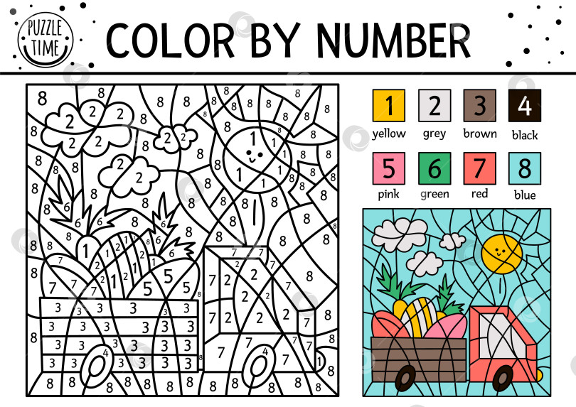Скачать Векторная пасхальная раскраска по номерам с автомобилем, управляющим яйцами и морковью. Весенняя праздничная игра-раскраска и подсчет голосов с милой птичкой. Забавная раскраска для детей с традиционными символами. фотосток Ozero