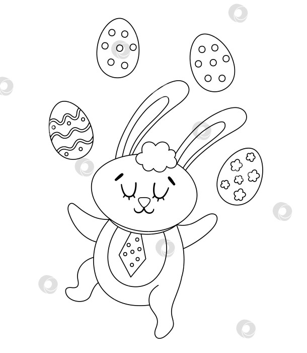 Скачать Векторный пасхальный черно-белый значок кролика. Контур кролика, жонглирующего цветными яйцами, выделен на белом фоне. Шаблон поздравительной открытки с милым очаровательным животным для детей. Забавный весенний заяц фотосток Ozero