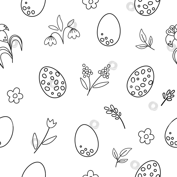Скачать Векторный пасхальный черно-белый бесшовный узор с яйцами и первыми цветами. Весенний контур, повторяющий фон. Традиционная праздничная цифровая бумага с концепцией начала жизни фотосток Ozero