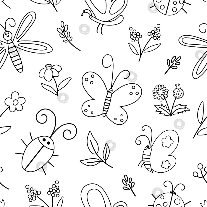 Скачать Векторный черно-белый бесшовный узор из насекомых и первого цветка. Забавный весенний сад, повторяющий фон. Симпатичный контур божьей коровки, бабочки, жука, одуванчика из цифровой бумаги для детей. фотосток Ozero