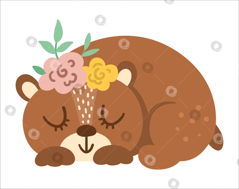 Скачать Векторный рисованный медведь с цветами на голове. Симпатичный значок спящего лесного животного в богемном стиле, изолированный на белом фоне. Иллюстрация милого леса в стиле бохо для открыток, печати, дизайна канцелярских принадлежностей. фотосток Ozero