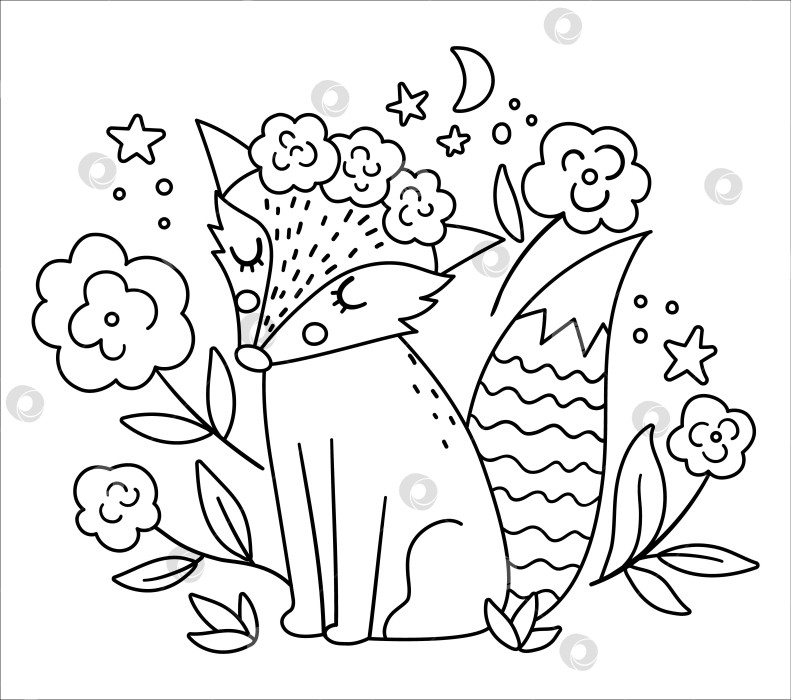 Скачать Векторная богемская лиса с цветами на голове. Лесное черно-белое животное, изолированное на белом фоне. Композиция из цветочной линии Boho forest. Лесная раскраска. фотосток Ozero