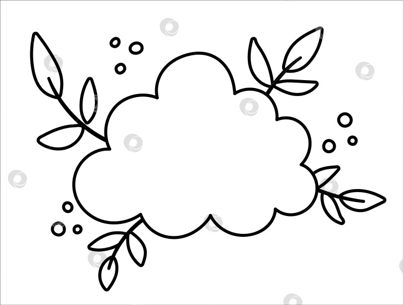 Скачать Векторное черно-белое облако с листьями. Значок линии погоды или страница раскраски, выделенные на белом фоне. фотосток Ozero