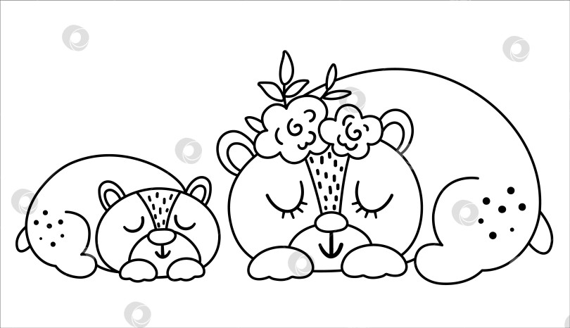 Скачать Векторный черно-белый медвежонок с родителем. Забавная сцена с лесными животными в богемном стиле, демонстрирующая семейную любовь. Симпатичная иллюстрация в стиле бохо для дизайна открыток, принтов, канцелярских принадлежностей. Значок линии леса фотосток Ozero