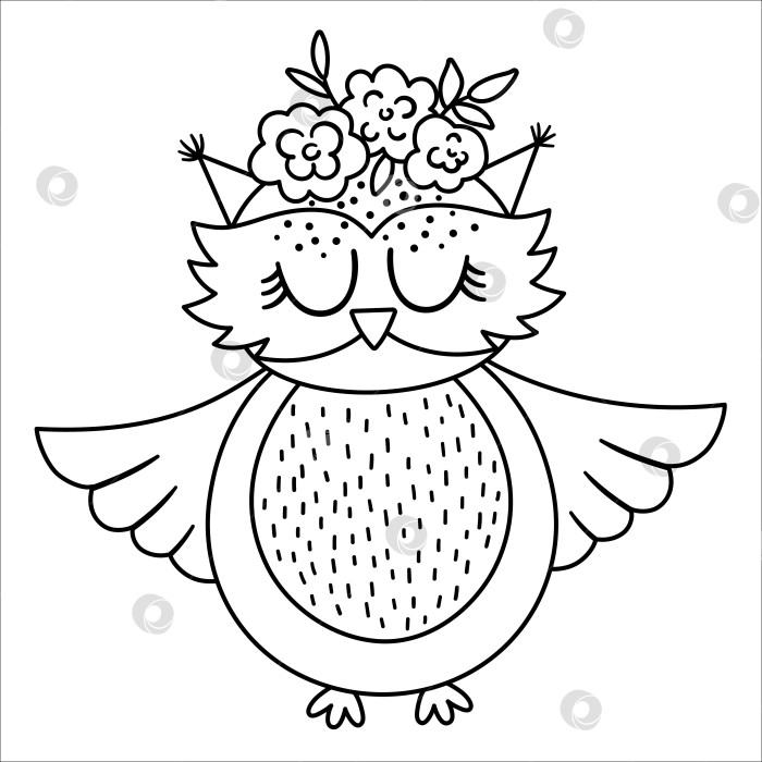 Скачать Векторная черно-белая сова с расправленными крыльями и цветами на голове. Симпатичный значок линии лесной птицы в богемном стиле, изолированный на белом фоне. Милая иллюстрация леса в стиле бохо для оформления открыток. фотосток Ozero
