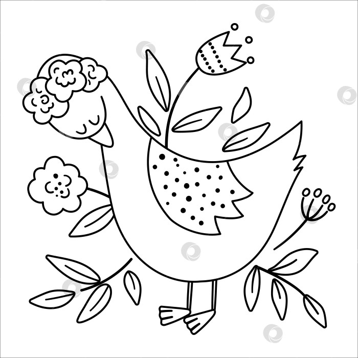 Скачать Векторный богемский гусь с цветами на голове. Лесная черно-белая птица, изолированная на белом фоне. Лесная цветочная композиция в стиле бохо с изображением животного. Лесная раскраска. фотосток Ozero