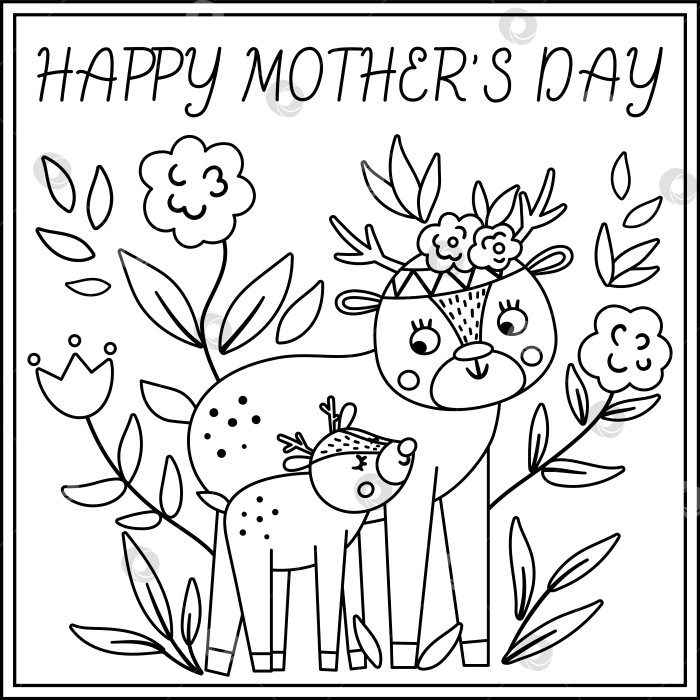 Скачать Векторная черно-белая открытка на День матери с милым животным в стиле бохо. Готовый дизайн или раскраска с изображением лесного олененка и его матери. Линейный плакат в богемном стиле с семейством оленей и цветами фотосток Ozero