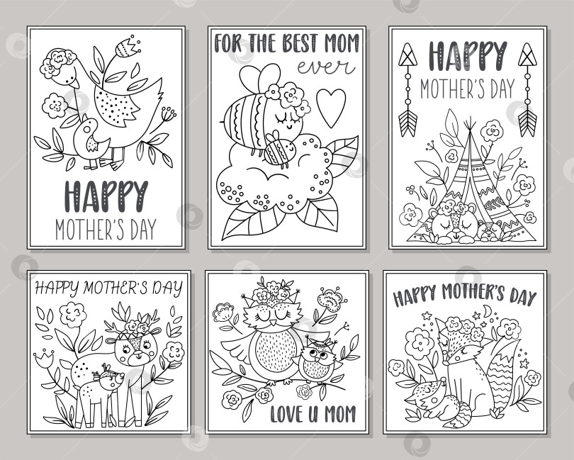 Скачать Коллекция векторных черно-белых открыток на День матери с милыми животными в стиле бохо. Готовые рисунки или раскраски с детенышами лесных насекомых и птицами с матерями. Плакаты в богемном стиле фотосток Ozero