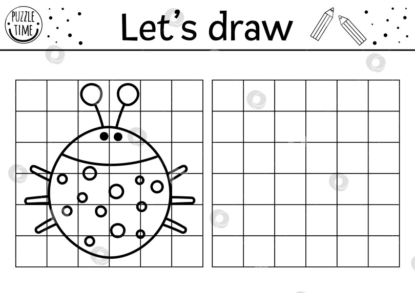Скачать Завершите изображение божьей коровки. Практический лист для рисования векторного леса. Весеннее черно-белое занятие для детей дошкольного возраста с возможностью печати. Скопируй картинку игра на тему насекомых для детей фотосток Ozero