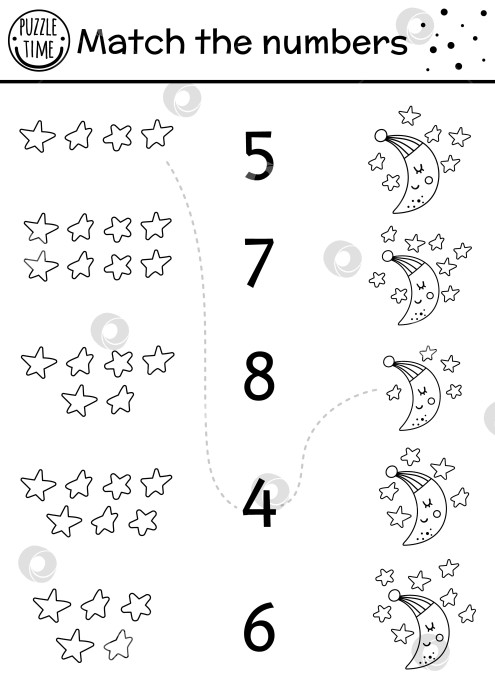 Скачать Черно-белая комбинационная игра на день матери с полумесяцем и звездами. Праздничная математика - хорошее вечернее занятие для детей дошкольного возраста. Таблица подсчета для детей, пригодная для линейной печати. Сколько звезд? фотосток Ozero