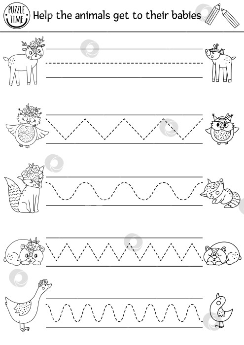 Скачать Векторный рабочий лист для практики рукописного ввода в день матери. Весеннее черно-белое занятие для детей дошкольного возраста с возможностью печати. Лесная игра-трассировка для развития навыков письма с милыми животными и их детенышами фотосток Ozero