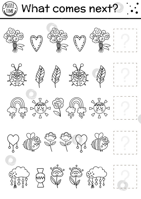 Скачать Что будет дальше. Занятие по подбору черно-белых цветов ко дню матери для детей дошкольного возраста с традиционными праздничными символами и животными. Забавная развивающая линейка-раскраска. Продолжайте игру в ряд. фотосток Ozero