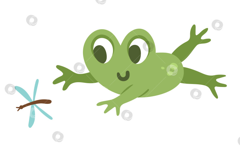 Скачать Векторная лягушка прыгает за стрекозой. Забавное лесное болотное животное. Симпатичная лесная иллюстрация для детей, изолированная на белом фоне. Значок зеленой мультяшной жабы фотосток Ozero