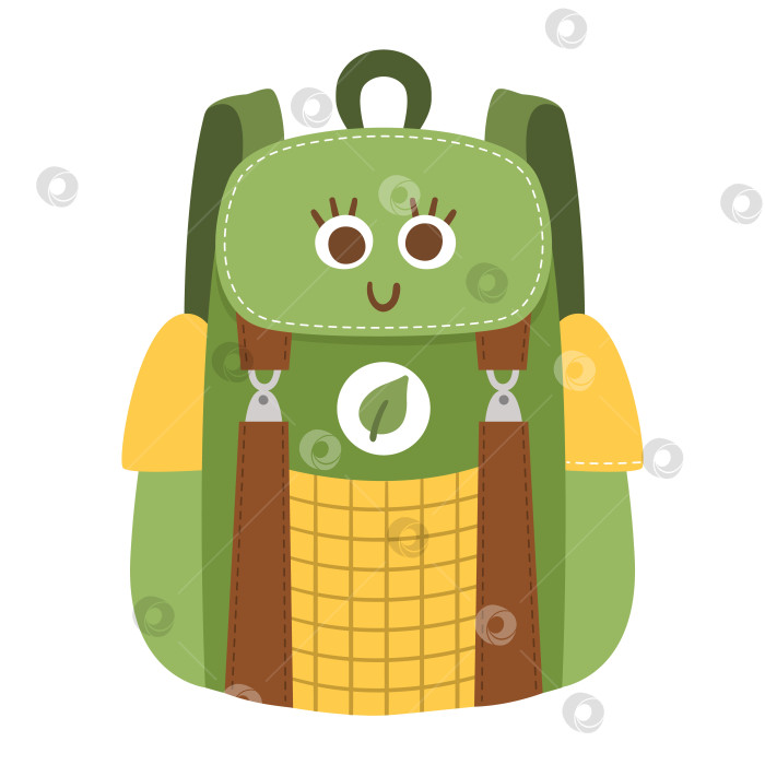 Скачать Векторная иллюстрация рюкзака путешественника в стиле каваи. Клипарт для школьного ранца. Симпатичная дорожная сумка в плоском стиле с улыбающимися глазами. Забавная картинка для детей фотосток Ozero