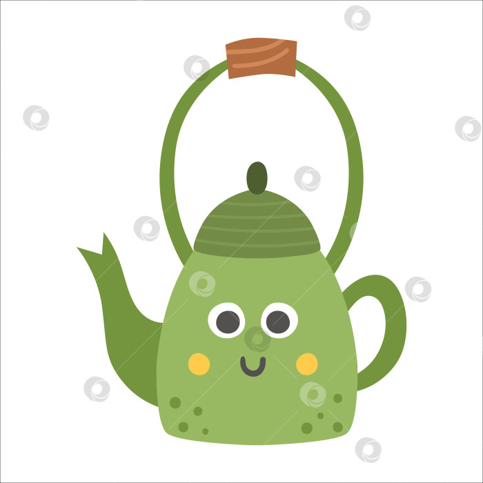 Скачать Векторный значок чайника. Иллюстрация кавайного чайника. Цветной улыбающийся чайник с глазами и ртом, выделенными на белом фоне. Плоская кухня или походное снаряжение фотосток Ozero