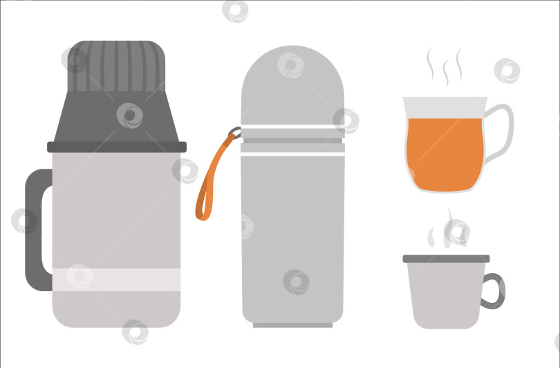 Скачать Набор векторных термосов и чашек. Иллюстрация традиционного согревающего напитка для зимы или кемпинга. Значки походных термосов с горячим напитком или чаем, выделенные на белом фоне фотосток Ozero