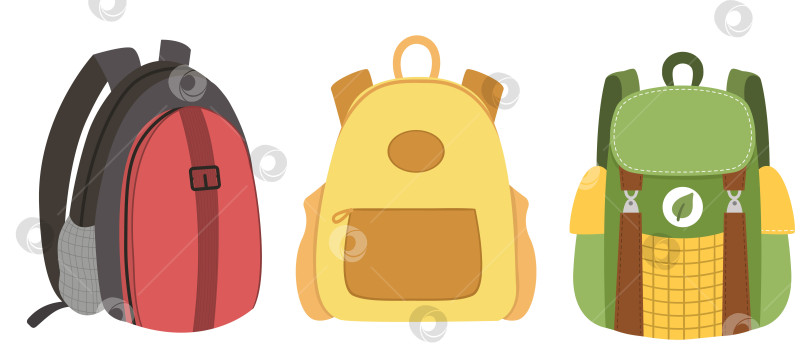 Скачать Набор векторных рюкзаков для путешественников. Коллекция клипартов для школьных сумок. Симпатичная упаковка дорожных сумок в плоском стиле. Дизайн багажа фотосток Ozero