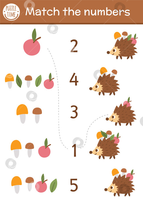 Скачать Подбери числа в игре с яблоками, грибами и забавным ежиком. Лесное математическое занятие для детей дошкольного возраста с милым лесным животным. Обучающий печатный лист для подсчета голосов для детей фотосток Ozero
